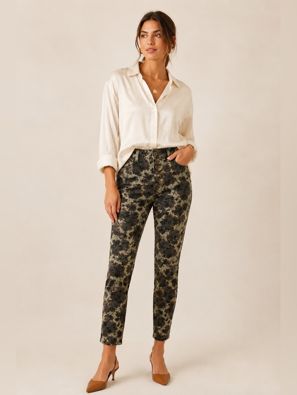 Pilcro Olive Green Floral Button Fly Corduroy Pants High Rise Skinny 33 Tall EUC